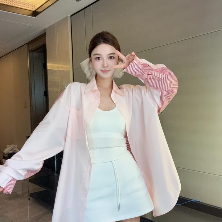 ANDEARDI条纹拼接长袖衬衫透气外套女休闲宽松百搭上衣