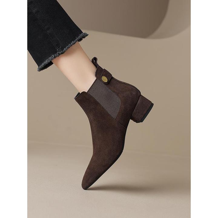 尖头短靴女2025冬季新款磨砂翻毛皮大码中跟踝靴子粗跟切尔西靴41