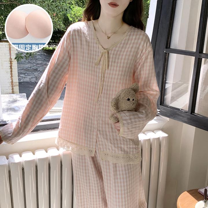 粉格子秋季新款V领长袖长裤女生公主风睡衣花边薄款带胸垫家居服