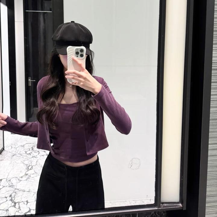 韩系辣妹紫色吊带背心针织开衫女春秋季新款修身短款上衣两件套装