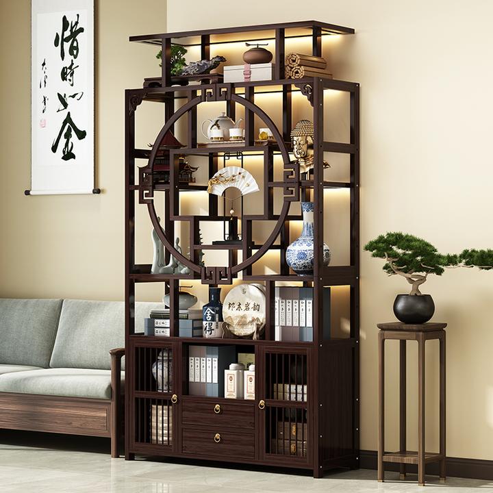置物架新中式实木博古架落地隔断茶室茶具摆件收纳架子办公边柜