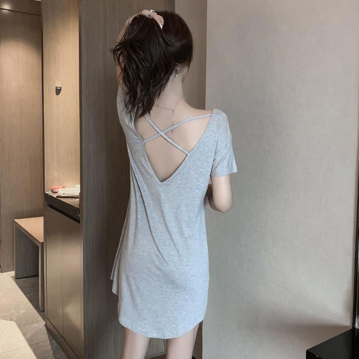 ins睡裙女夏季新款莫代尔短袖露背连衣裙冰丝性感诱惑高级感睡衣
