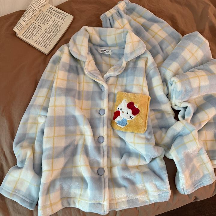 睡衣女秋冬季珊瑚绒2025新款加厚大码法兰绒保暖格子猫套装家居服