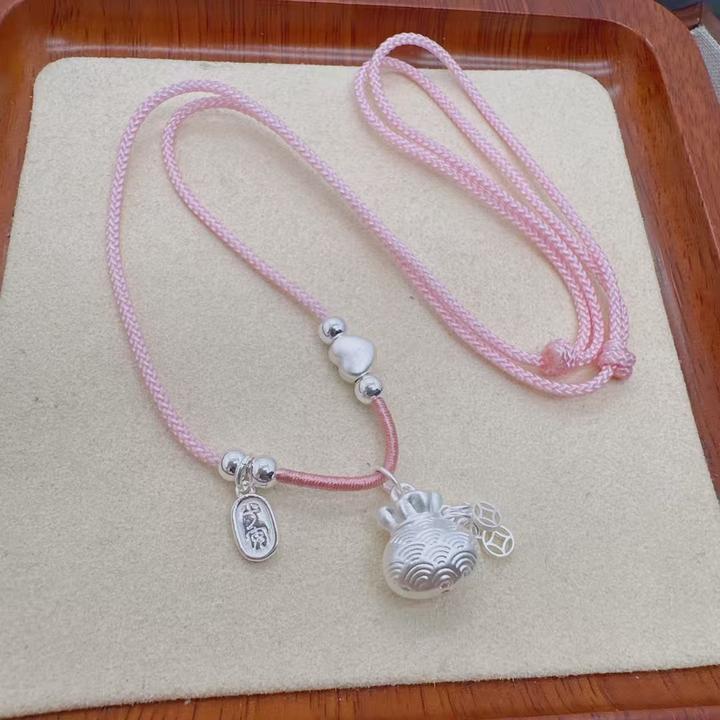 吊坠足银 足银999福袋祥云福字钱袋项链纯手工编织闺蜜女友百搭