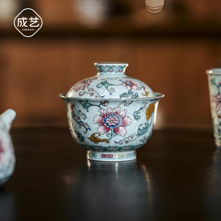 成艺莲韵悬停两才盖碗珐琅彩描金套组陶瓷茶具手绘泡茶碗釉里红