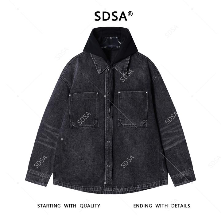 SDSA男士秋冬新款痞帅男装简欧风宽松拼接连帽牛仔衬衫百搭时尚