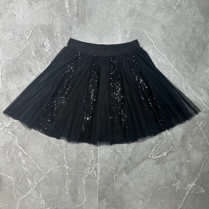 黑色网纱A字高腰显瘦亮片半身裙秋冬短款广场舞防走光短裙