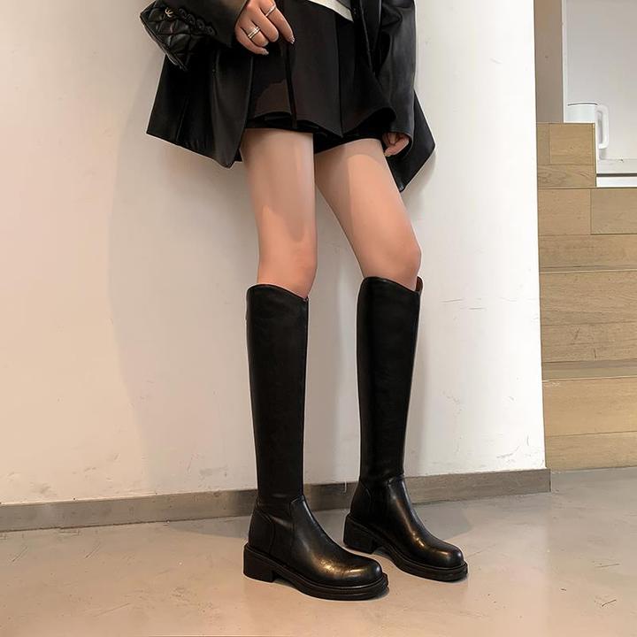 细长直~2025冬季新款圆头粗跟v口高筒骑士靴显瘦真皮法式长筒靴女