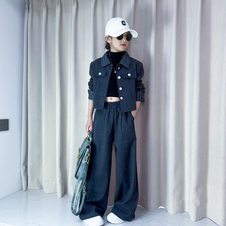 女童小香风西装套装2025春装新款洋气中大童女孩法式直筒裤两件套