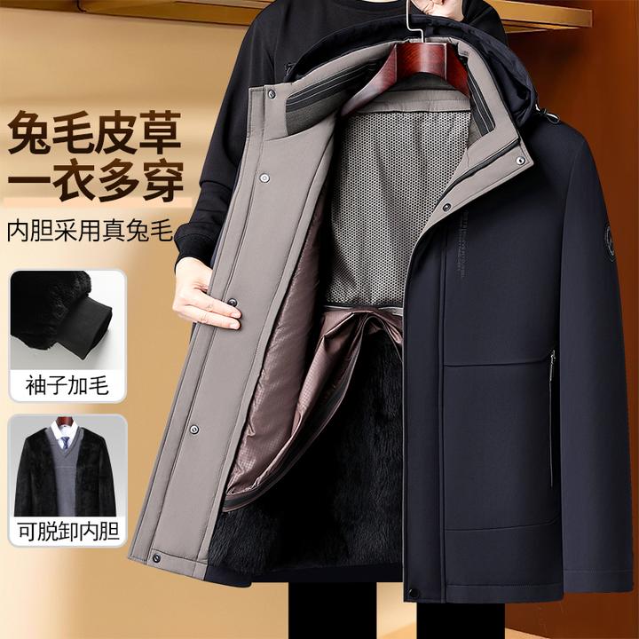 【兔毛皮草袖子加绒】可拆卸男士冬装派克棉服加厚中老年爸爸装棉衣