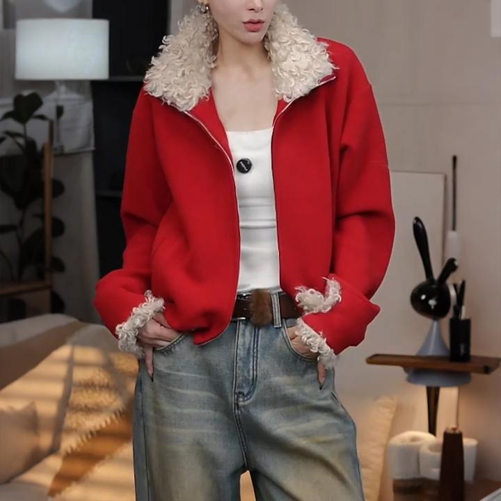 1792超好看翻领加绒卫衣女2025秋冬季新款复古卷毛双拉链开衫外套