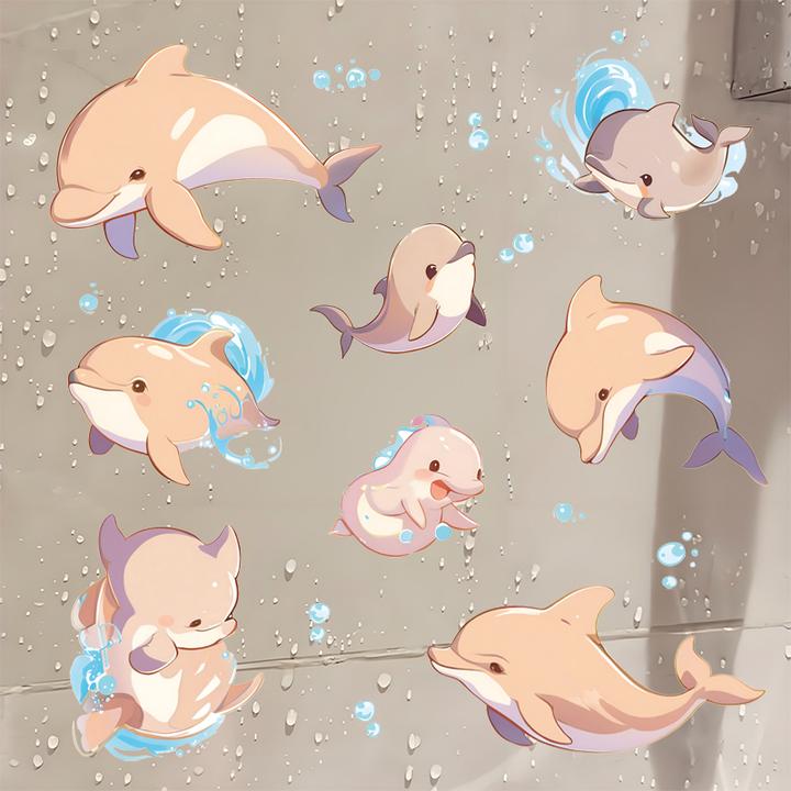 棕色海豚个性贴纸可爱卫生间卧室防水自粘美化瓷砖玻璃墙贴