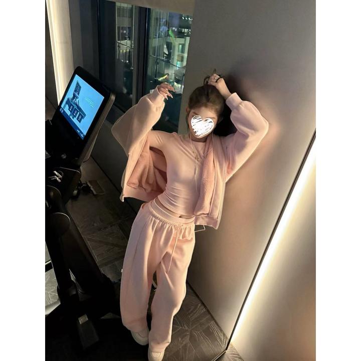 秋冬新款韩系宽松休闲加绒连帽卫衣外套+休闲卫裤套装 60098