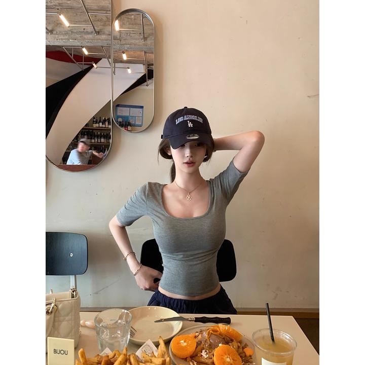 JMSHOP 嫩模感应 芭蕾感中袖t恤女设计感夏季U领显瘦修身上衣