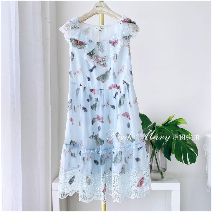PinkMary粉红玛琍水蓝色圆领无袖连衣裙蕾丝子女时尚PMAFS501650