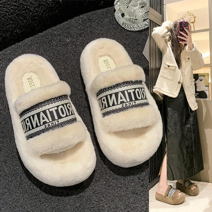 网红厚底毛毛拖鞋女外穿时尚2025年新款秋冬季保暖棉拖爆款一字拖