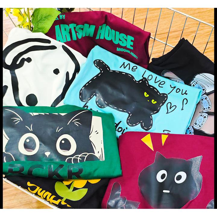 纯棉印花T恤男女宽松日常百搭重磅250克300克氛围感字母卡通猫咪