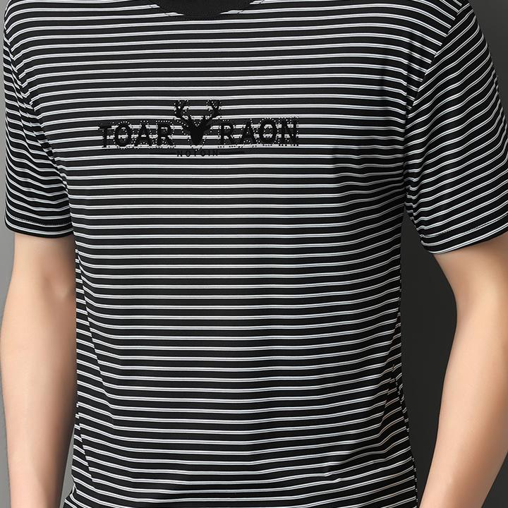 植绒T恤休闲薄款圆领修身印花男士10g夏季百搭男装条纹