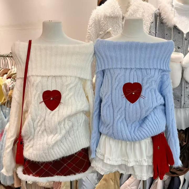 【小美私服】设计感爱心高领一字肩毛衣6399