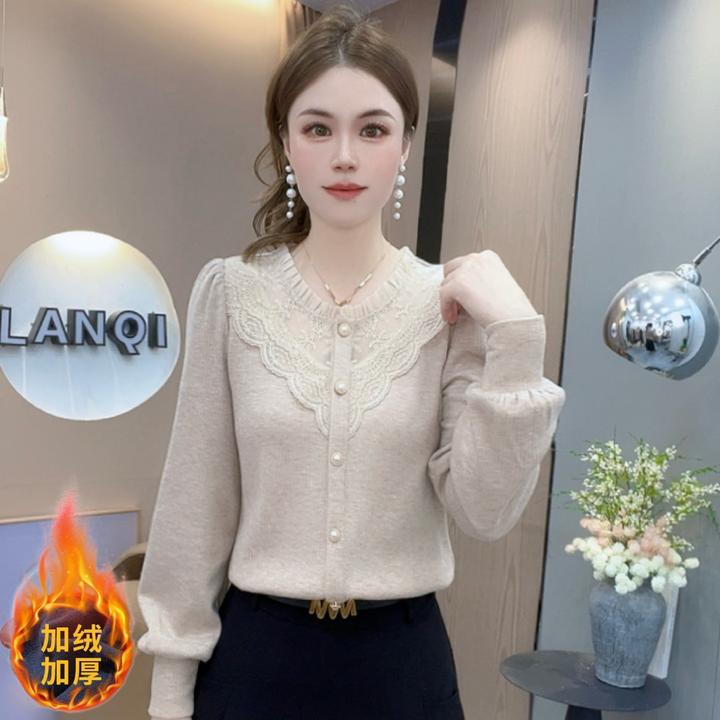 [有运费险]减龄秋冬新款长袖蕾丝花边圆领显瘦减龄百搭洋气上衣