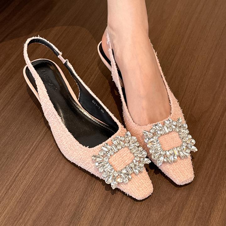 elingstudio 粉钻甜心！小香风方头水钻单鞋女2025年后空低跟凉鞋