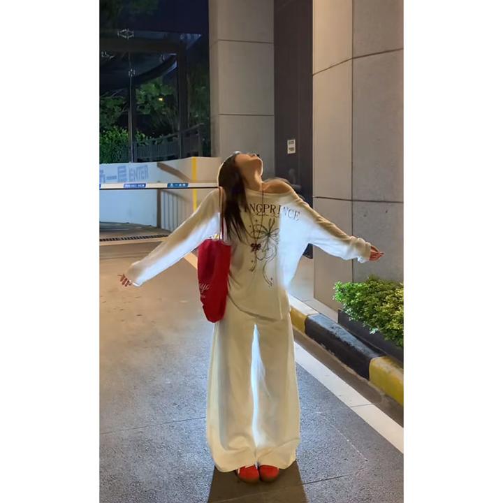 夏季新款休闲百搭时尚斜肩长袖上衣高腰修身显瘦阔腿裤宽松拖地裤