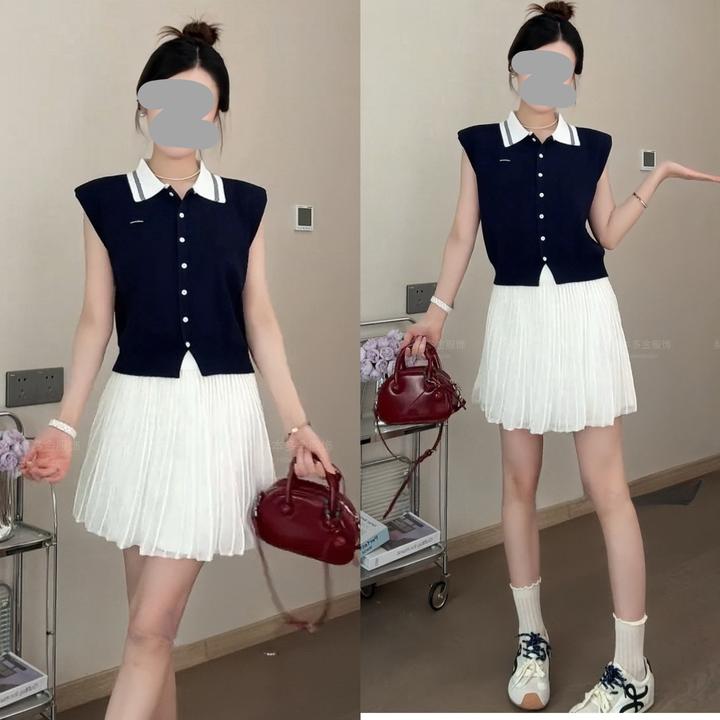 2025夏季新款无袖POLO领针织衫上衣套装纯欲显瘦半身裙潮流衣服女