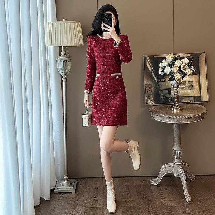 秋季法式轻熟风长袖名媛小香风字裙高级感女性连衣裙