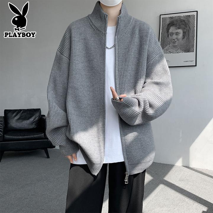 花花公子秋冬新款男士立领拉链开衫毛衣慵懒风针织潮流宽松外套