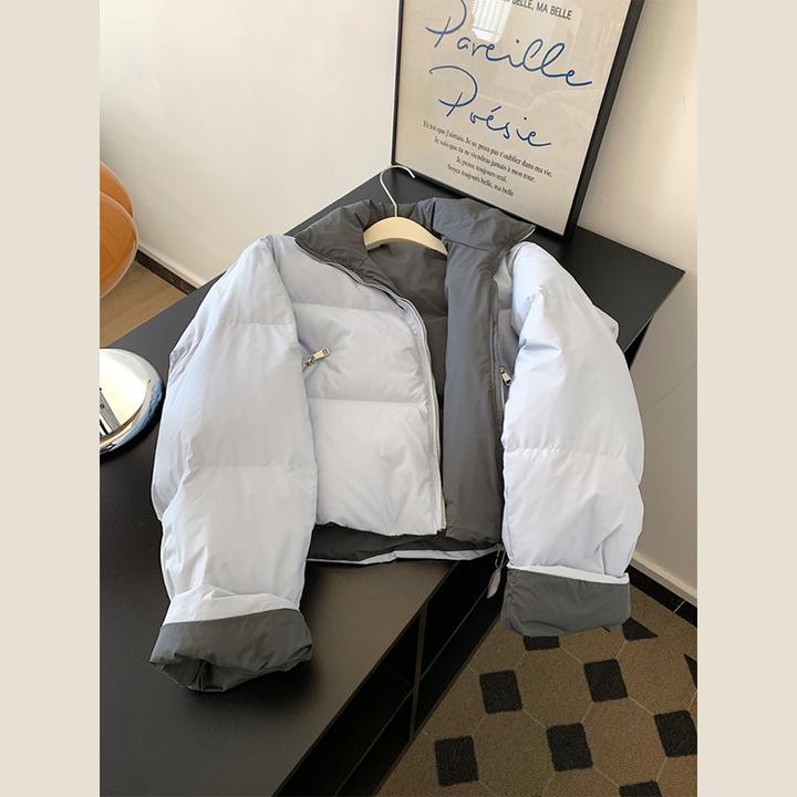 冬季服饰高级感两面可穿奶蓝色立领加厚棉服小个子保暖面包服外套