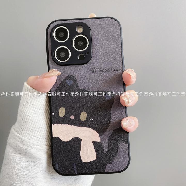 肤感皮革适用iphone17promax苹果16手机壳15/14/13/12/11华为黑猫