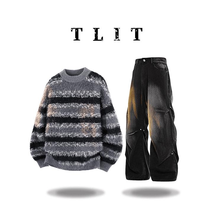 TLIT美式条纹撞色圆领保暖毛衣男士秋冬新款慵懒风套头针织衫上衣