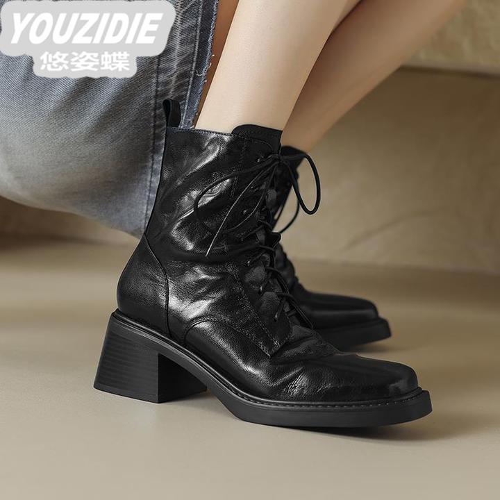 YOUZIDIE小羊皮高跟粗跟短靴子女2025秋冬显瘦方头系带甜酷马丁靴