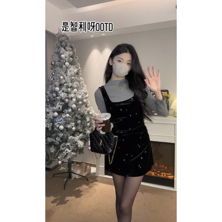 细闪雪花秋冬丝绒连衣裙背带套装打底设计感百搭两件套显瘦气质