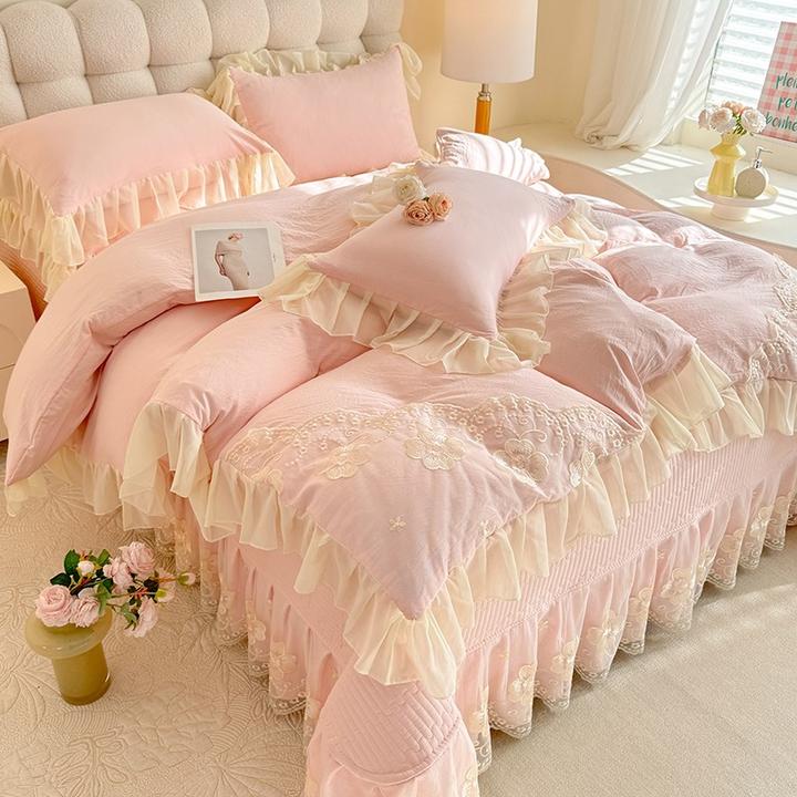 韩版加厚夹棉床盖四件套蕾丝花边床单被套床上用品双人被罩三件套