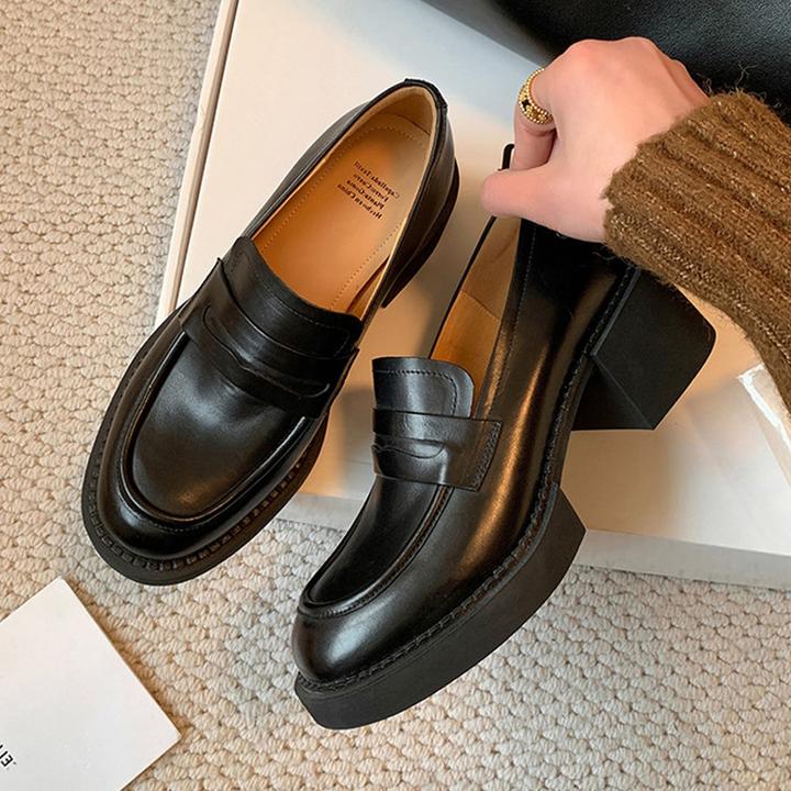 真皮女鞋新款厚底防水台深口乐福鞋女百搭中粗跟英伦风复古单鞋子