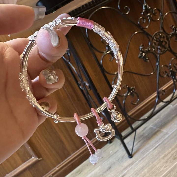 合金手镯 【艺凡】繁花似锦KT猫铃铛吊坠手镯粉色推拉可调节