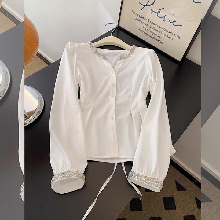 设计感别致独特亮片长袖衬衫上衣女早春新款内搭打底衫宽松百搭潮