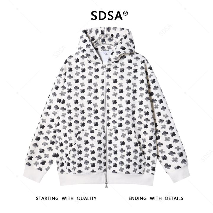 SDSA男士秋冬新款痞帅男装潮牌撞色四叶草拉链连帽卫衣百搭时尚
