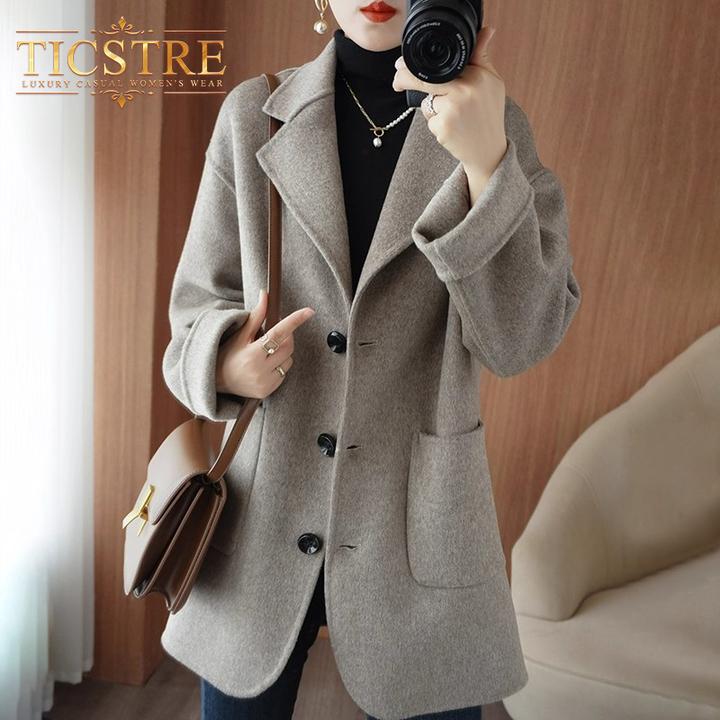 TICSTRE短款双面羊绒大衣女秋冬新款高端羊毛呢宽松外套小个子