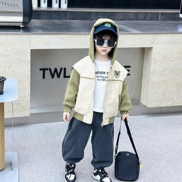 儿童小熊连帽外套秋装新款洋气宝宝拼色衣服男童春秋宝宝深秋外套