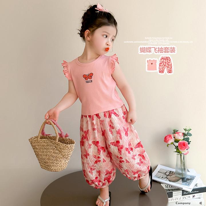 新款洋气夏季粉色时尚套装百搭宝宝两件套潮蝴蝶袖可爱透气柔软舒