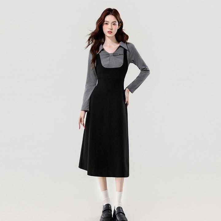ml1010学院风拼色弹力针织连衣裙女2025秋季新款长款A字显瘦裙子