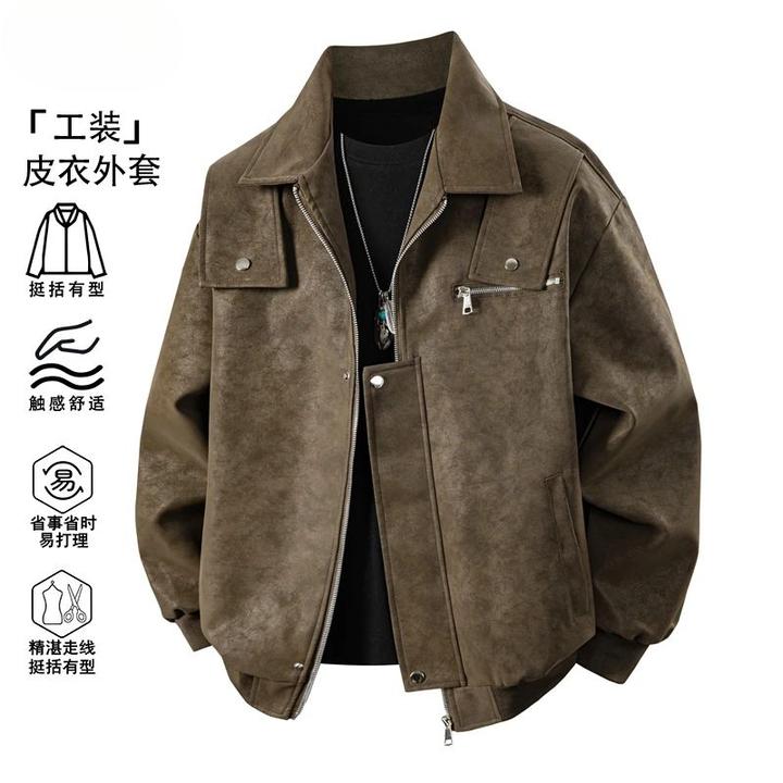 美式骑行机车PU皮衣男士春秋休闲工装夹克男新款复古外套翻领韩版