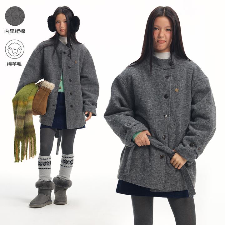 江南先生NewJNXS含羊毛圈圈纱立领中长款棉服冬女款保暖毛呢大衣