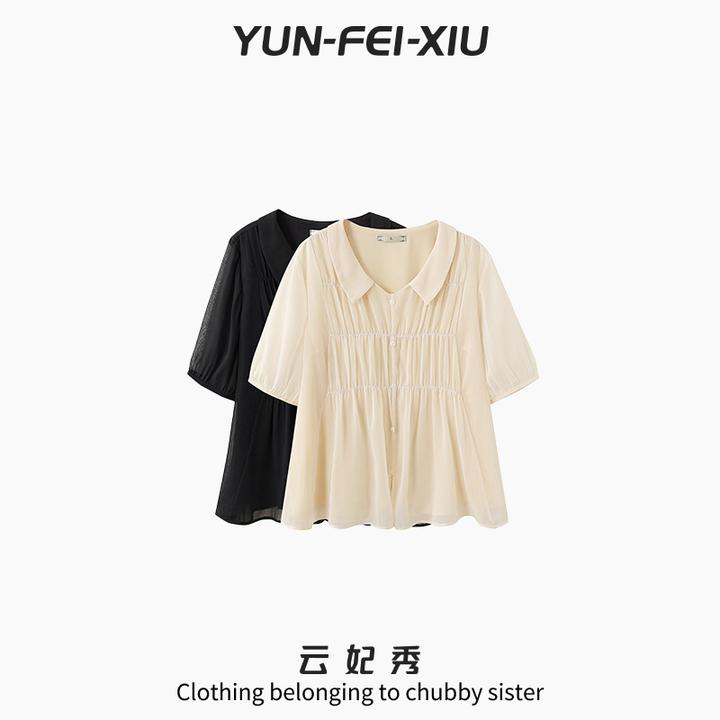 云妃秀大码女装雪纺衫时尚宽松显瘦遮肉胖妹妹褶皱短袖夏季25506