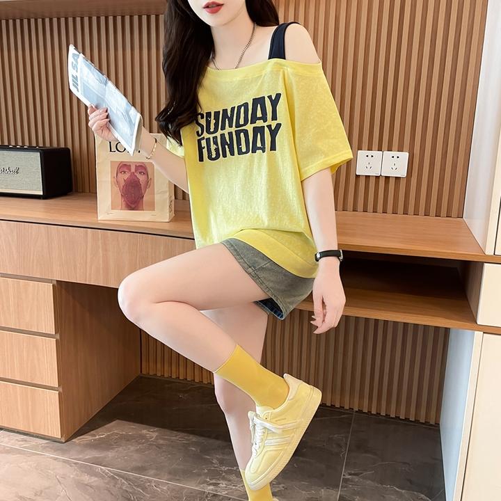 宽松oversize短袖T恤女夏季2025新款韩版网红小心机斜肩纯棉上衣