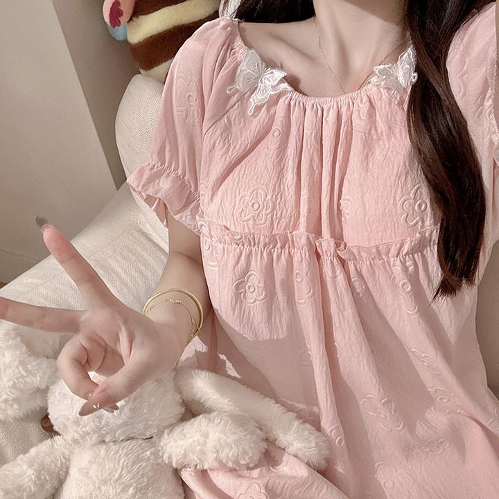 韩系少女感一字领粉花睡裙女短袖夏季甜美睡衣小清新中长款家居裙