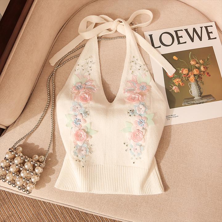 纯欲风绣花针织挂脖吊带背心女秋冬打底内搭露背无袖抹胸上衣外穿