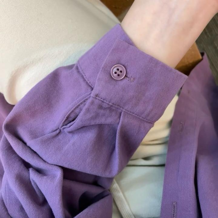 紫色纯棉长袖衬衫女设计感百搭2025新款内搭外穿宽松上衣衬衣外套